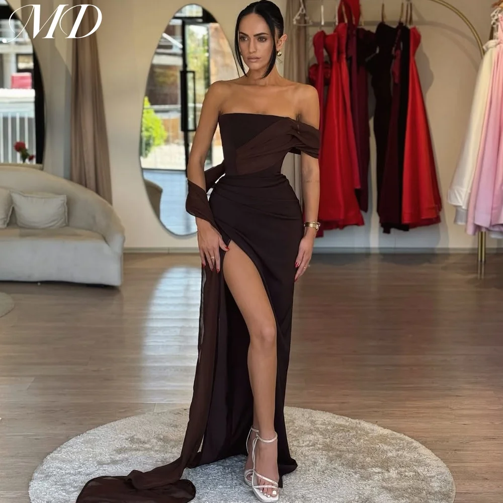 

MD New Elegant Brown Mermaid Evening Gown Chiffon Shawl Off Shoulder Pleat Side High Slit vestidos de fiesta customised 2025