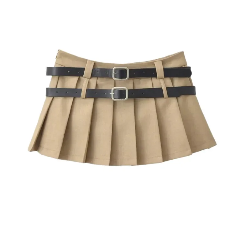 2024 Trend Mini Skirt Women Korean Vintage Y2K Pleated Skirt Summer Casual Japanese Preppy Style Solid Two Belts Short Skirts