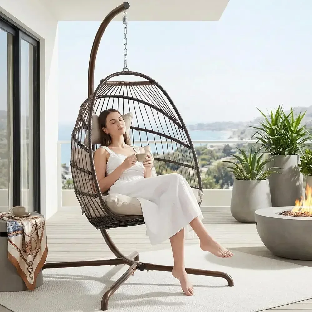 All-Weather Outdoor Wicker Swing Chair with Stand and Cushions, 350lbs Capacity, Perfect for Patio or Balcony, Brown