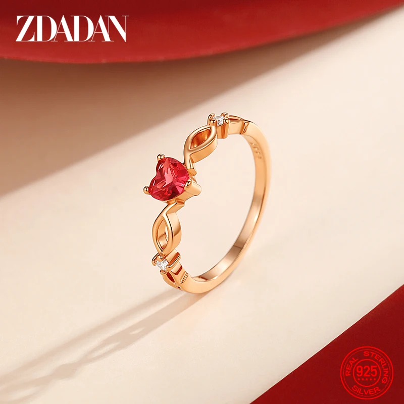 ZDADAN 925 Sterling Silver Rose Gold Heart Light Blue Zircon Ring For Women Fashion Wedding Jewelry