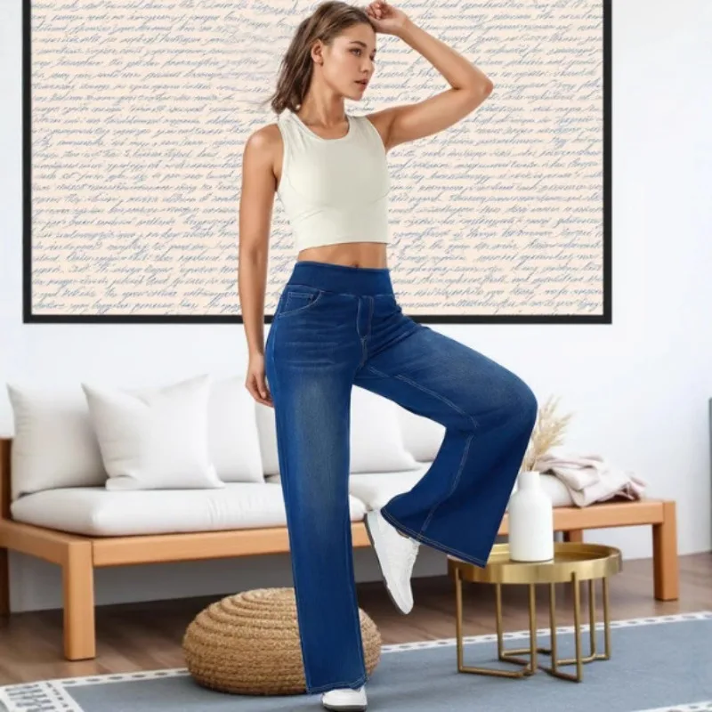 

Washed High-waisted Wide-leg Jeans Elastic Waist Drape Straight-leg Pants Slim Loose Pants Trendy Denim Trousers Women
