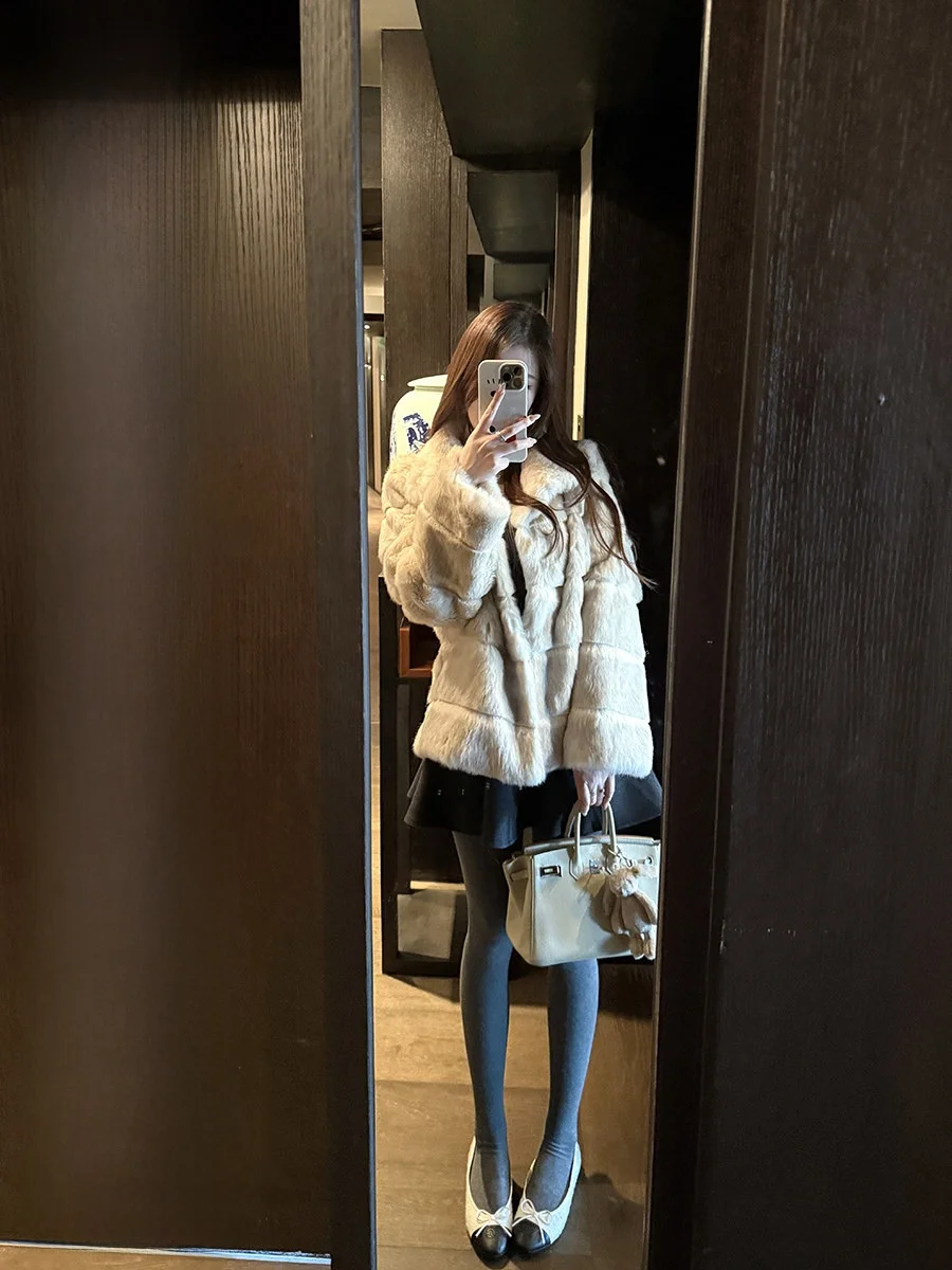 

Пальто NAOAO из натурального кроличьего меха с двухцветной окраской и эффектом интегрированной кожи, для молодых женщин, с длинными рукавами, в стиле принцесс