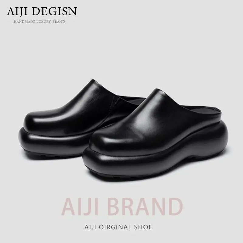 

Summer Platform Height Increasing Casual Round Toe Genuine Leather Shoes Male Design Cowhide Black Half Slipper Men's Shoes