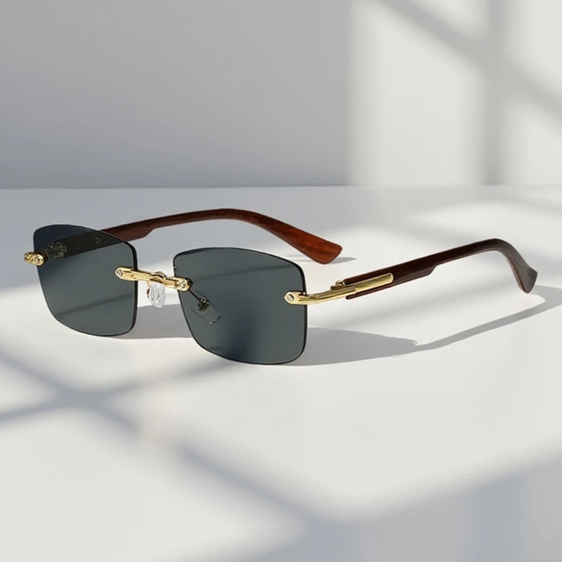 

Retro Rimless Sunglasses Men Women Lightweight Wood Grain Sun Glasses Male Fashion Driving Travelling Shades UV400