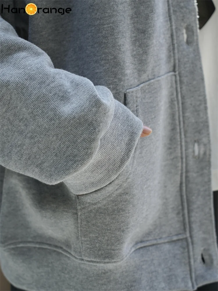 HanOrange 2025 Early Autumn Casual Off Shoulder Baseball Collar Cardigan Sweatshirt Women Soft Sticky Stacked Top Grey/Purple