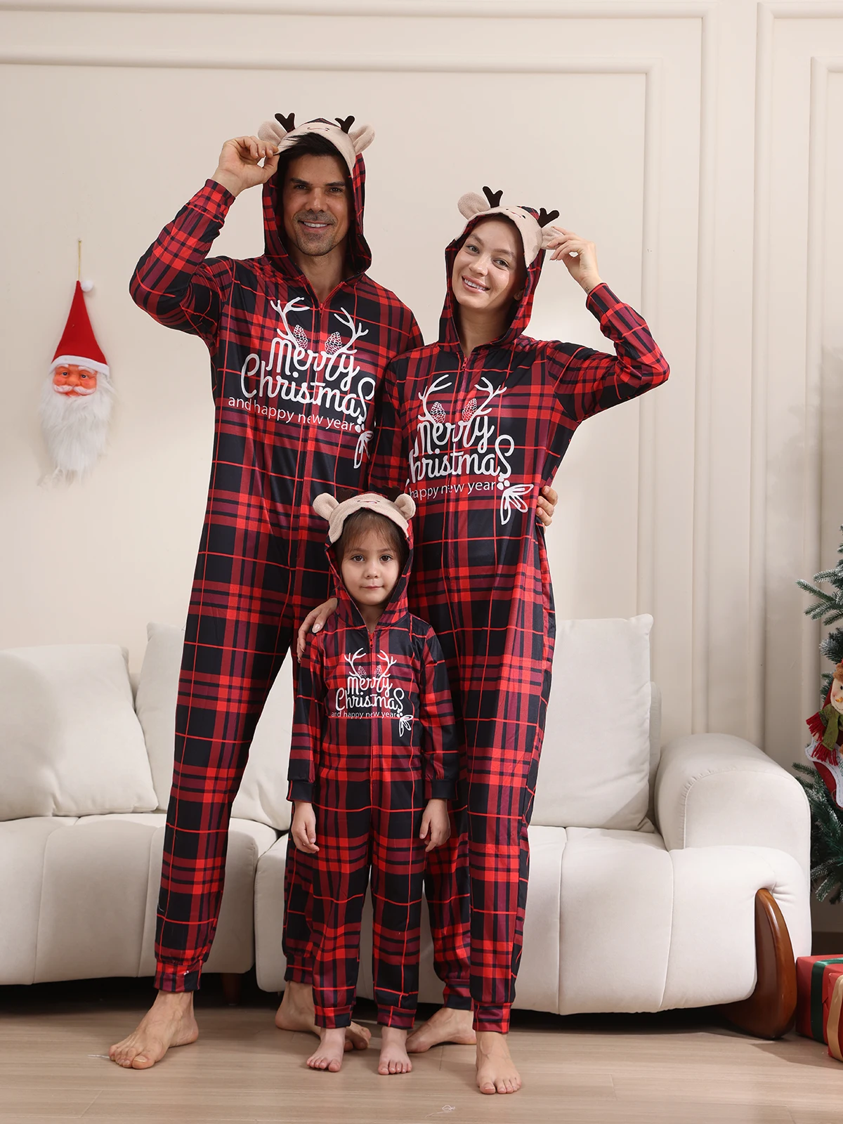 Merry Christmas Plaid Print Matching Outfit for Women Men Kids Cute Elk Ear Hooded Romper One-piece Suit Xmas Pyjamas Party Wear