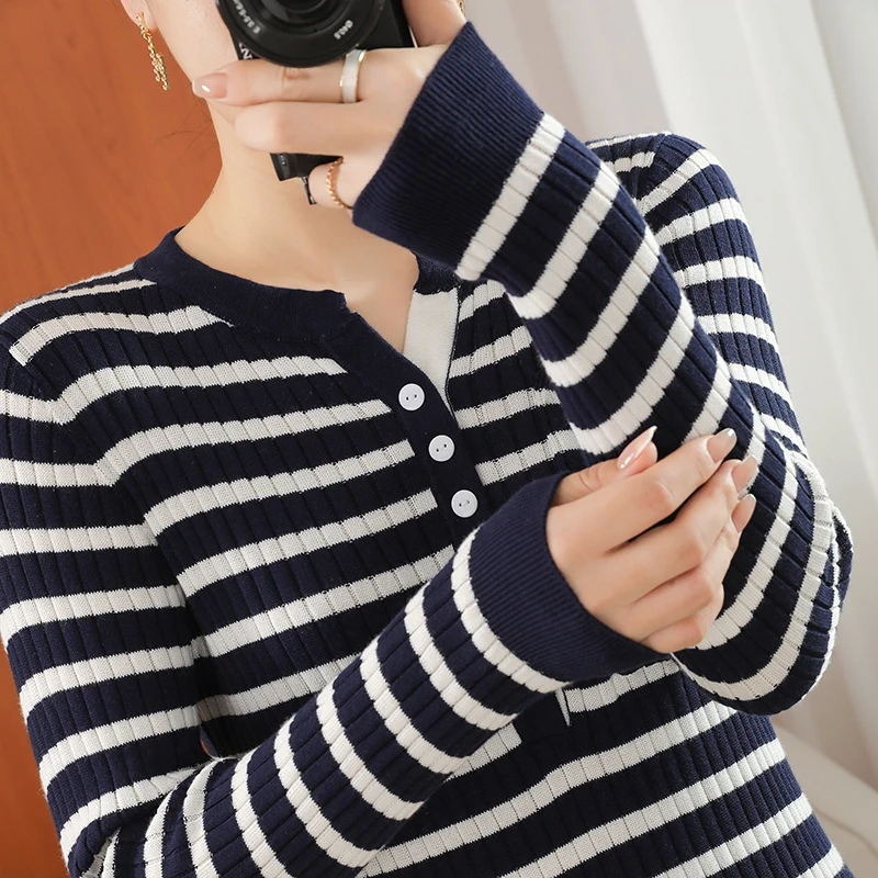 Women's Pullover Spring/Autumn New 100% Cotton Sweater Casual Striped Knitwear Ladies' Tops Slim V-Neck Blouse