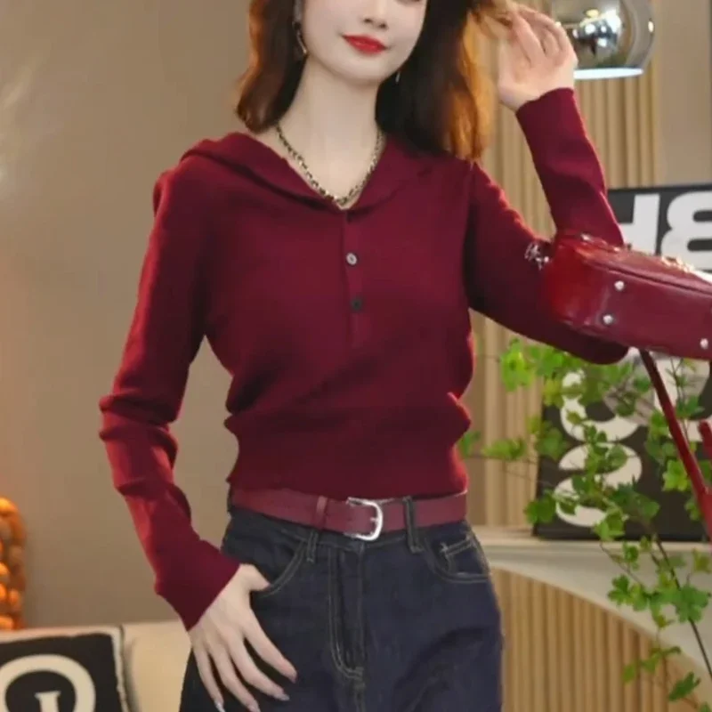 

Свитера с капюшоном, женские простые универсальные модные женские повседневные пуловеры на пуговицах, корейский стиль, вязаные винтажные горячие продажи, новинка