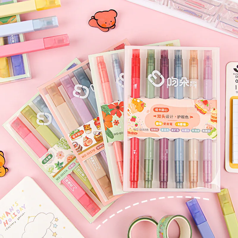 6 pcs/ste Double Tip Highlighter Pens Kawaii Candy Color Manga Markers Scented Highlighter Pen Set Korean Stationery Supplies