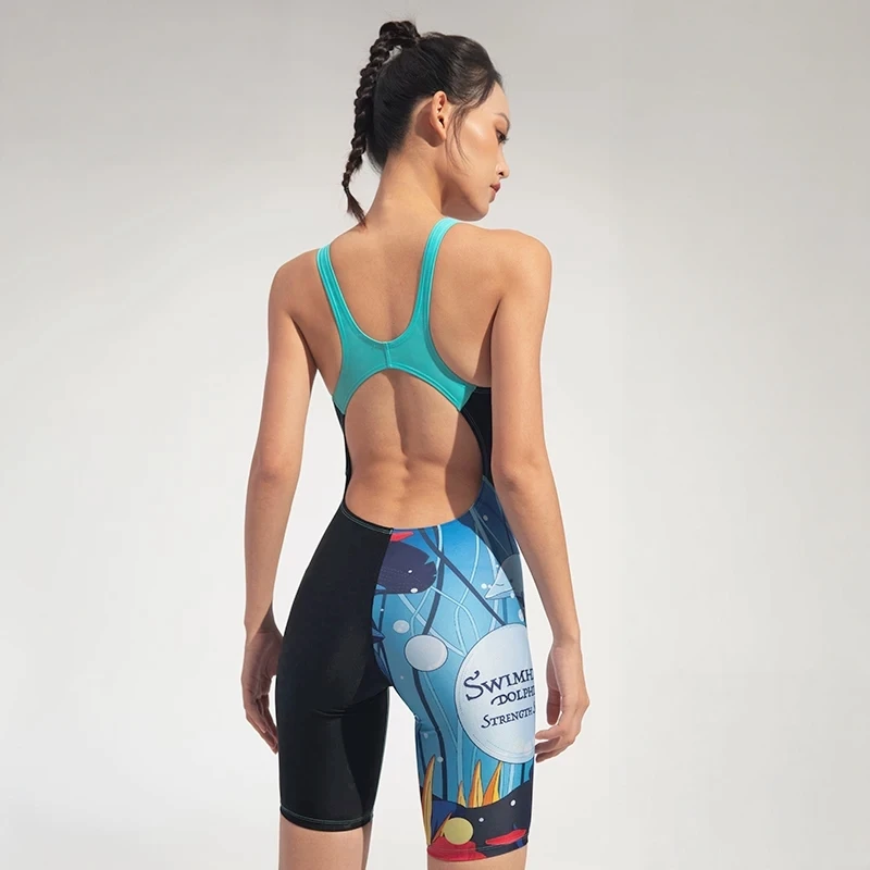 Women Professional Trainning Swimwear Competition Knee Length Waterproof Chlorine Resistant Female Sharkskin Swimsuit