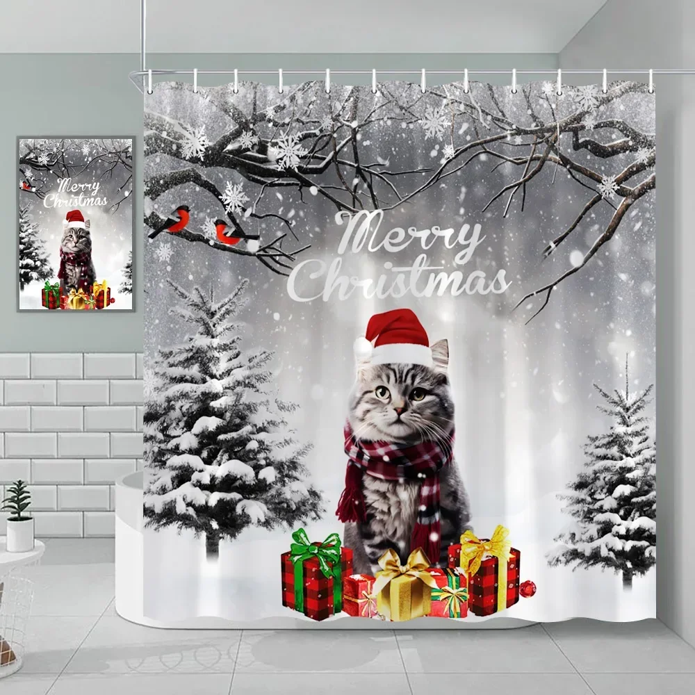 Christmas Shower Curtain, Winter Snowman Farm Animal Cat Truck Penguin Cow Moose Merry Christmas Red Bird Bathroom Decoration