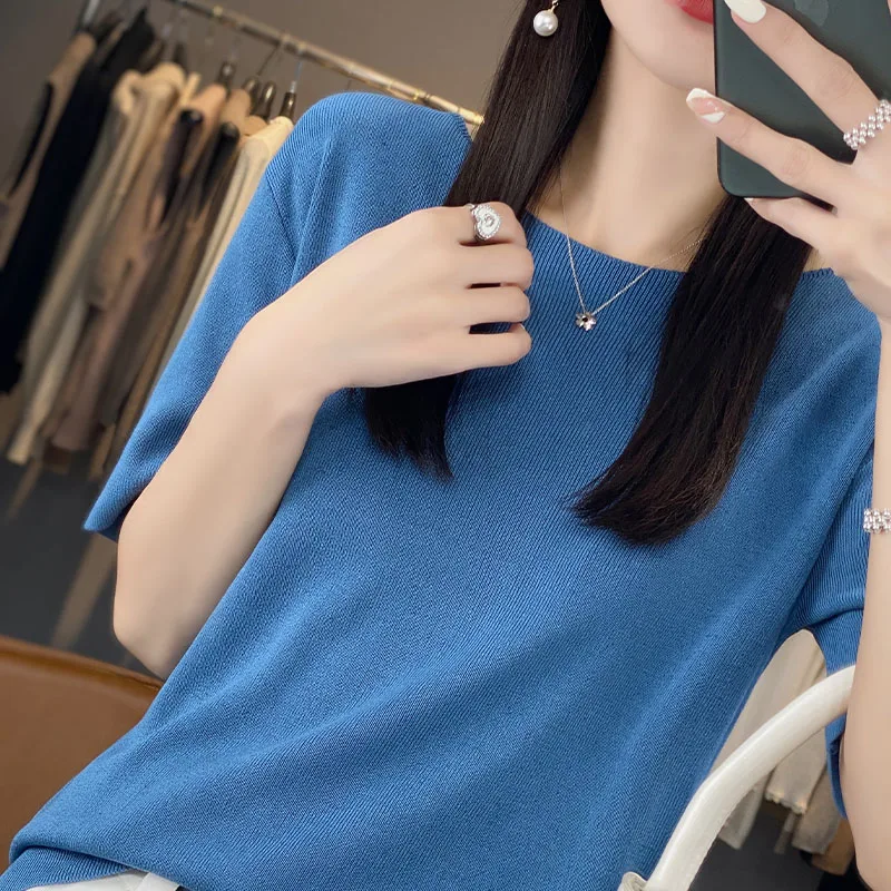 New Summer Sweater Spring/Summer Women's Solid Color Short sleeved One line Collar Pullover Knitted Sweater T-shirt