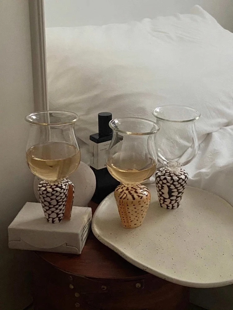 Ahunderjiaz-Retro Natural Conch Glass Goblet,Leopard Checkerboardพิมพ์การออกแบบ,โต๊ะรับประทานอาหาร,ตกแต่งโต๊ะ,Home Dec