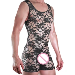 Mens Undershirts Exotic See Through Crotchless Lingerie Sissy Bodysuits Pornos Lace Slip Homme Jumpsuits Gay Naughty Bodywear