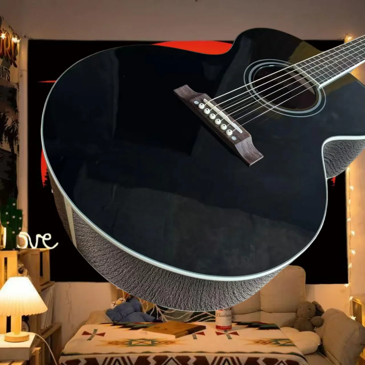 Black J180 Acoustic Guitar Spruce Solid Top 40 Inch Retro Rich Tone Advanced Performance Specific Cross Carving Free Shipping