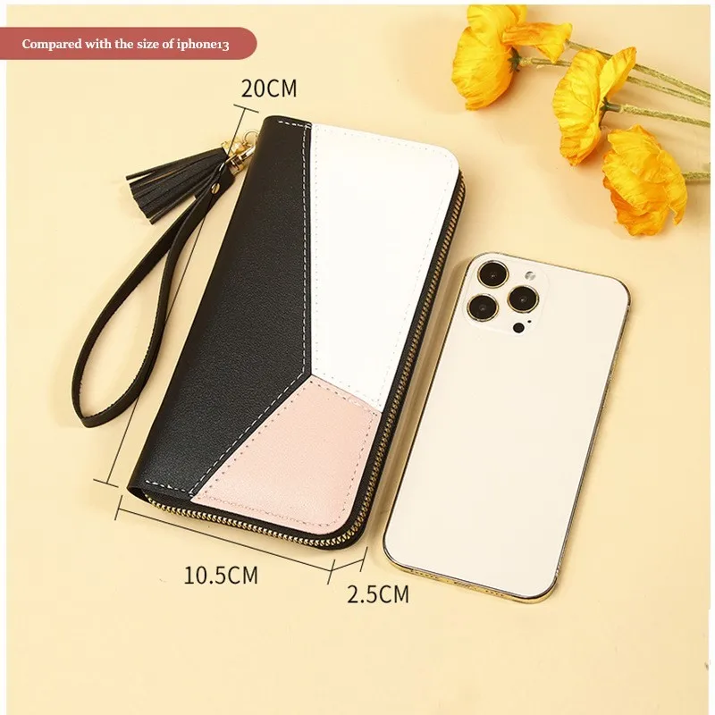 Women's Patchwork Wallet Pink Women Wallets  Long Korean-style Contrasting Color Panel Zip Tassled Mobile Phone Clutch Bag