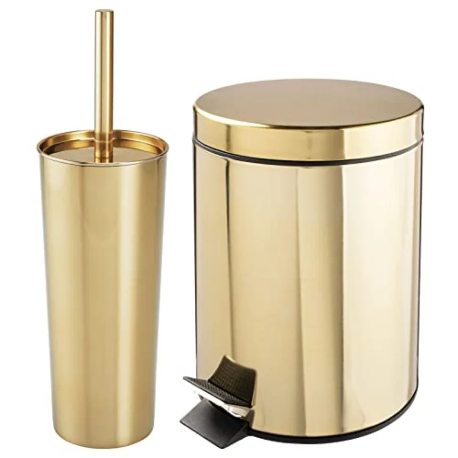 

Metal Steel/Plastic Toilet Bowl Brush/Holder and Round 1.3 Gallon/5L Step Trash Can Combo Set for Bathroom; Holds Trash, Recycl