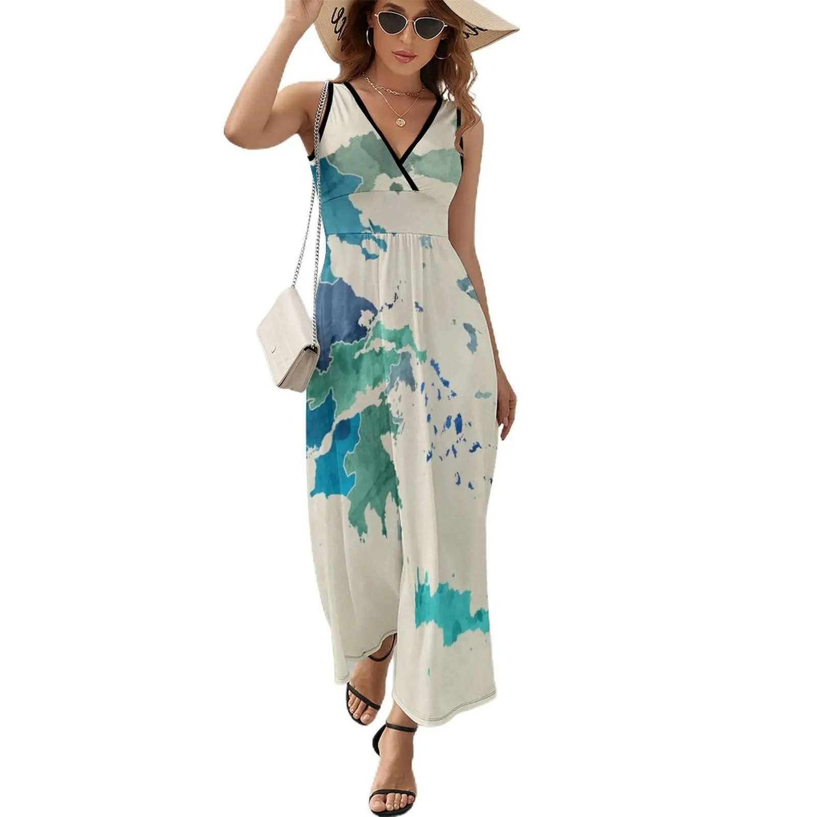 

Greece Watercolor Map Sleeveless Dress summer dresses women's clothing korea stylish