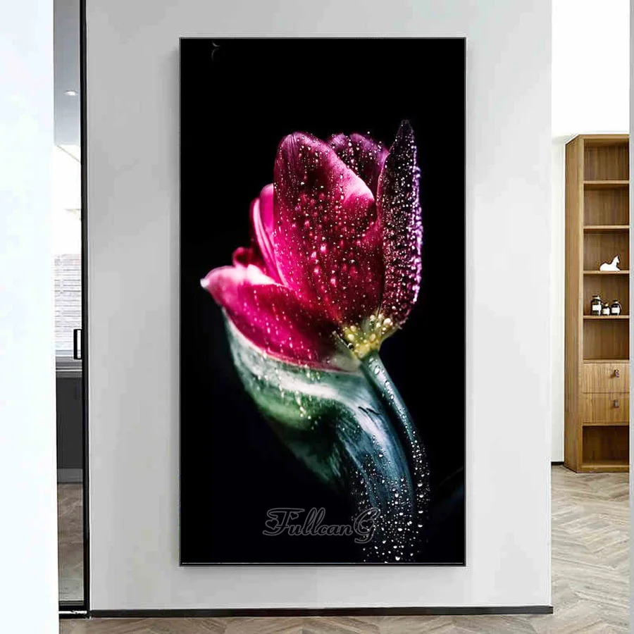 Large Size Rose Diamond Painting New Arrival Water Droplet Fresh Flower Diy Mosaic Embroidery Floral Plants Home Decor AA3964