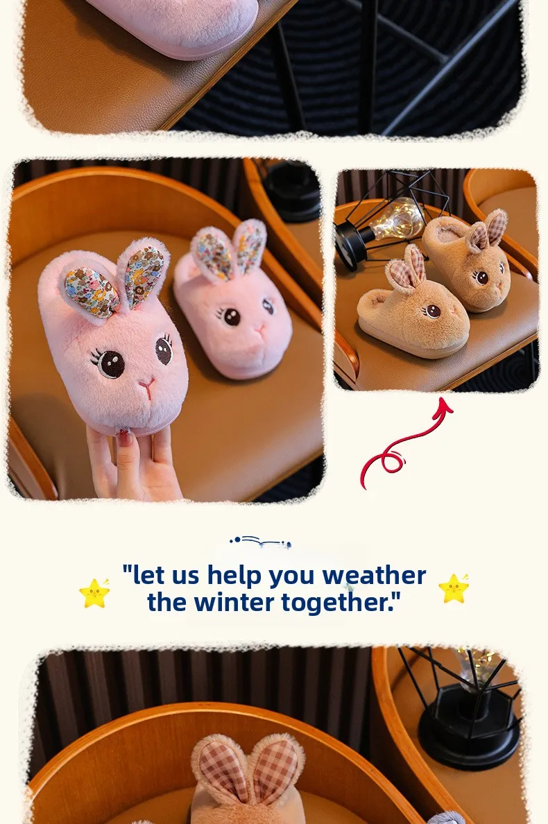 Kinderschuhe, Mädchen-Fellhausschuhe, rutschfeste, warme Hausschuhe, modische, farblich abgestimmte Baumwollhausschuhe, Hausschuhe für Herbst und Winter mit dicker Sohle. – Detail 11