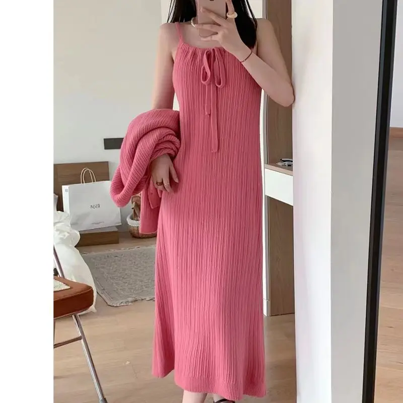 Korejpaa Korean Fashion Two Piece Set Women Elegant Gentle Solid Knitted Cardigan+slimming Bow Strap Dress Conjuntos De Falda