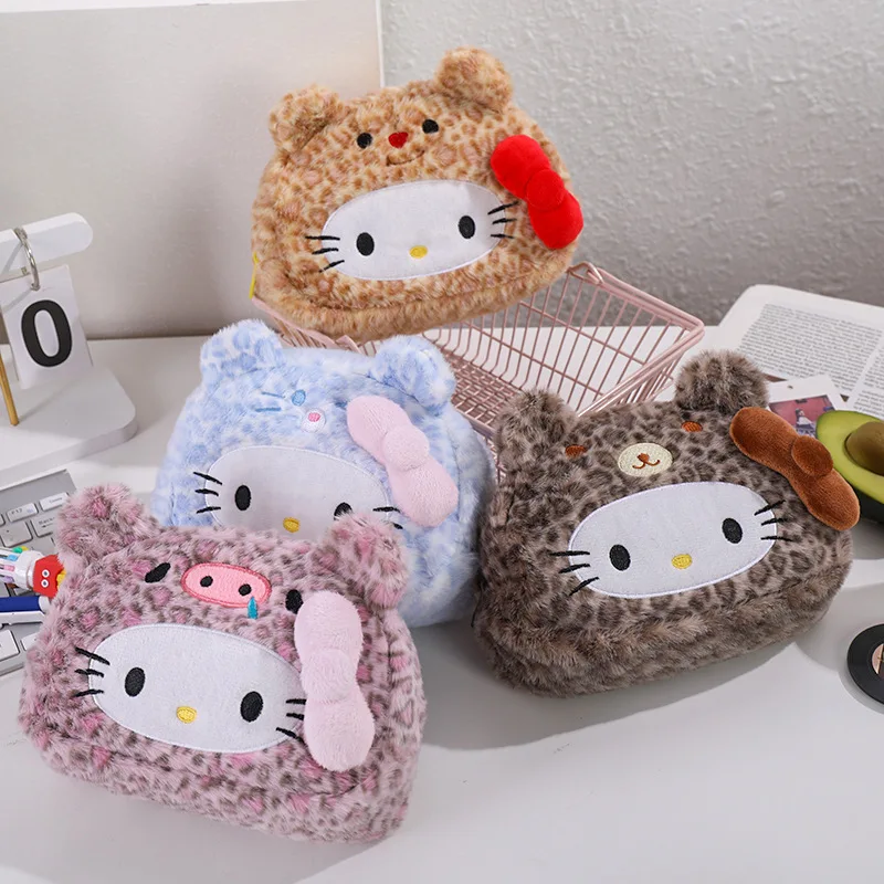 

Hello Kitty Leopard Print Pencil Case Plush Cosmetic Bag Stationery Box Student Large-capacity Storage Bag