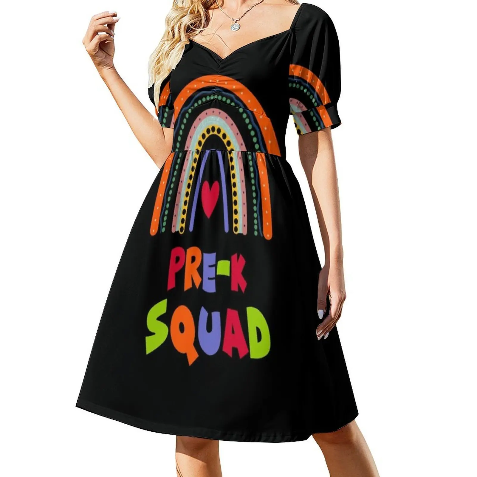 

Pre-K Rainbow Team Hello Preschool Rock Squad Girls Bohemian Sleeveless Dress For Women Print Beach Party Dresses Back To