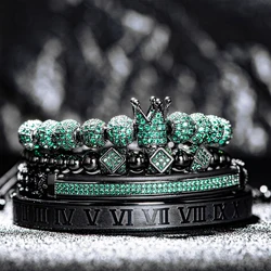 4pcs/Set Black Crown with Roman numeral Bracelets 8MM Colored Cubic Micro Pave CZ Ball Charm Braided Braiding Man Luxury Jewelry