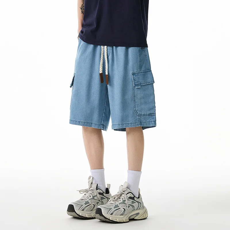 2026 Men summer new thin loose multi pocket workwear five quarter denim shorts seven quarter casual multi pocket denim shorts
