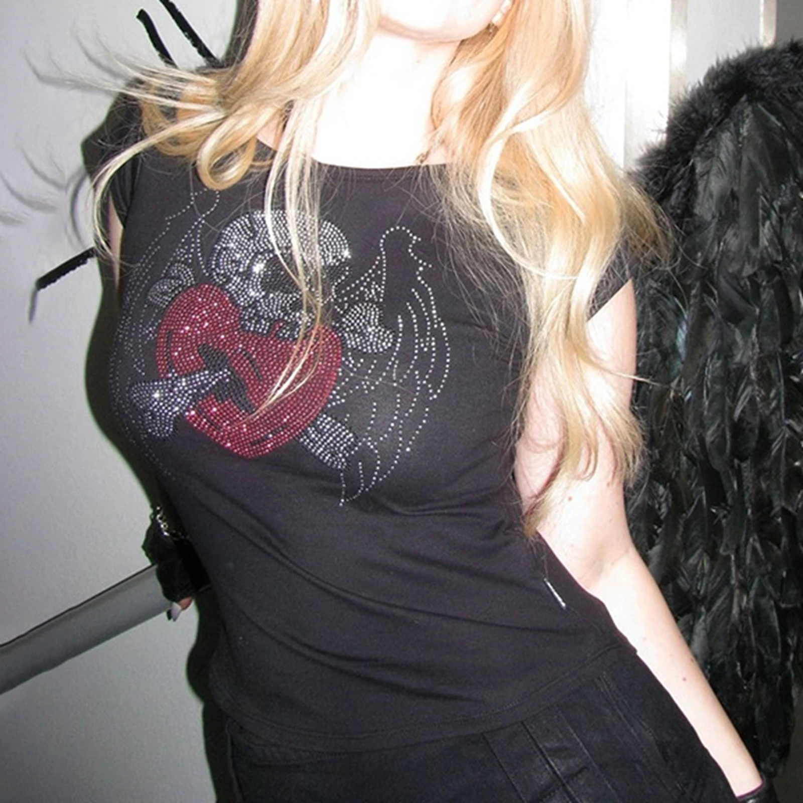 تي شيرت ريترو Y2K تي شيرت مطبوع عليه حجر الراين لقضاء عطلة الشاطئ وحفلات الصيف والارتداء اليومي والنشاط الخارجي ملابس الشارع