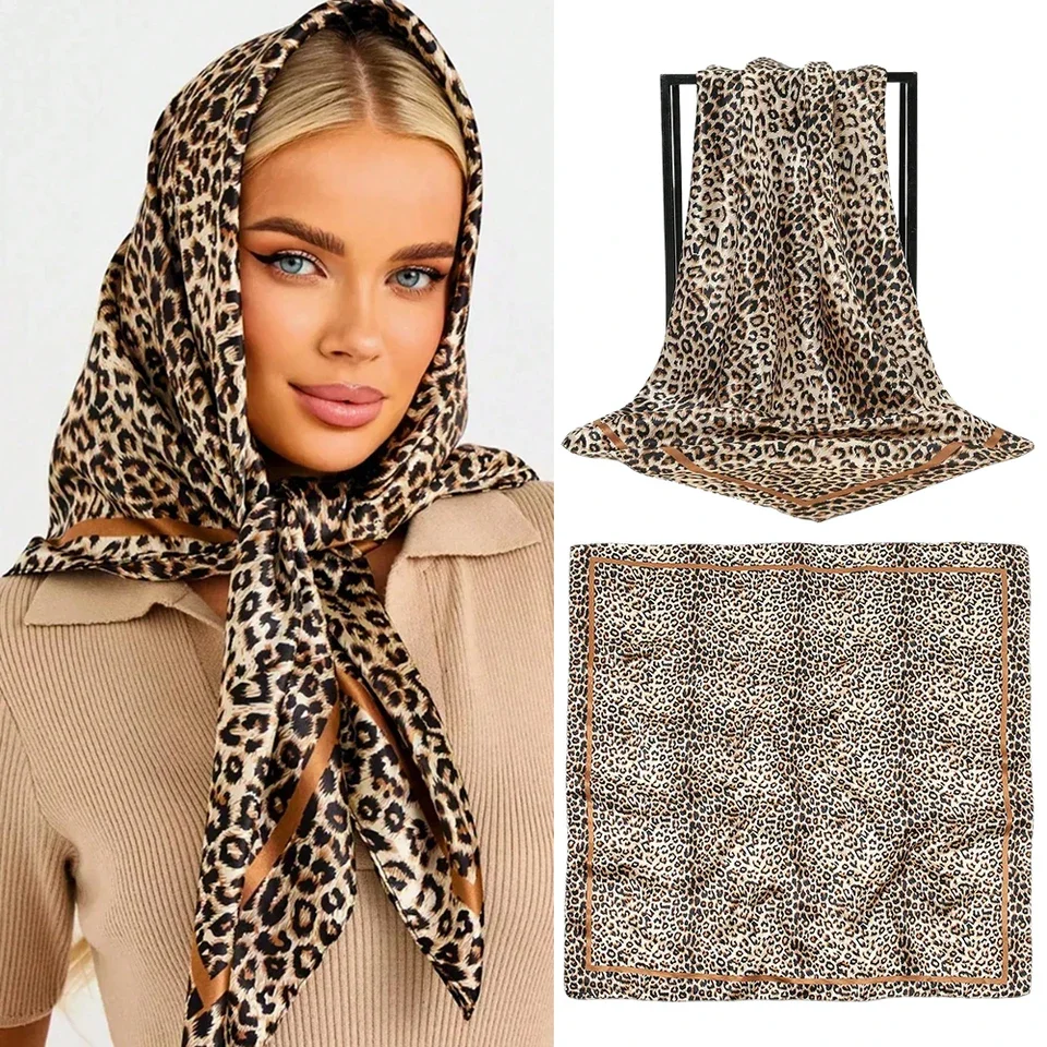 

90*90cm Leopard Print Square Scarf Women Soft Satin Shawl Handkerchief Muslim Luxury Scarves Hijab Foulard Bandana
