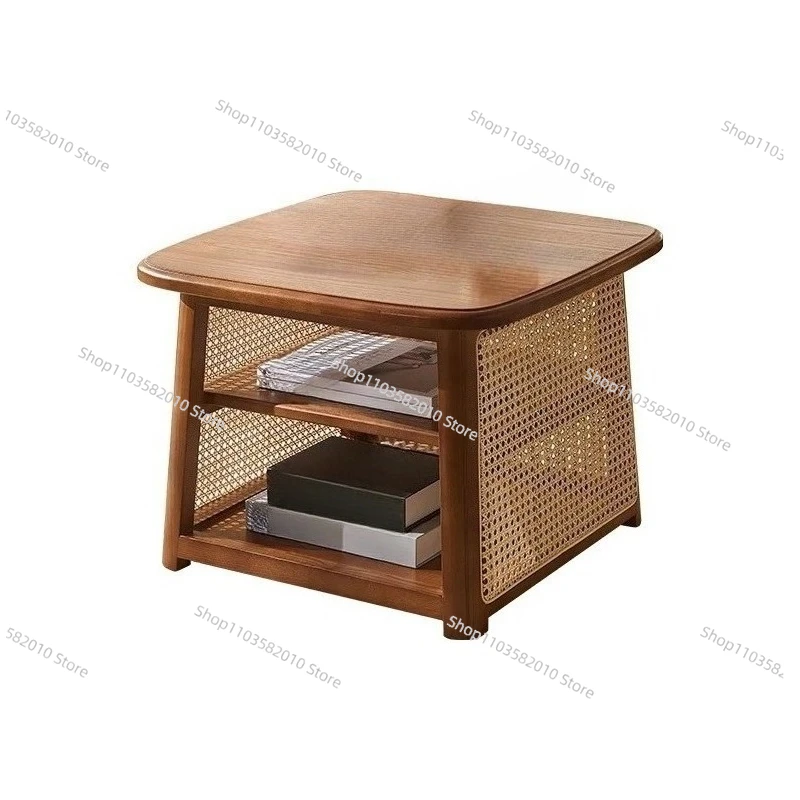 Wabi-Sabi Style Coffee Table - High-Low Nesting Solid Wood & Rattan Square Tables, Silent Wind Retro