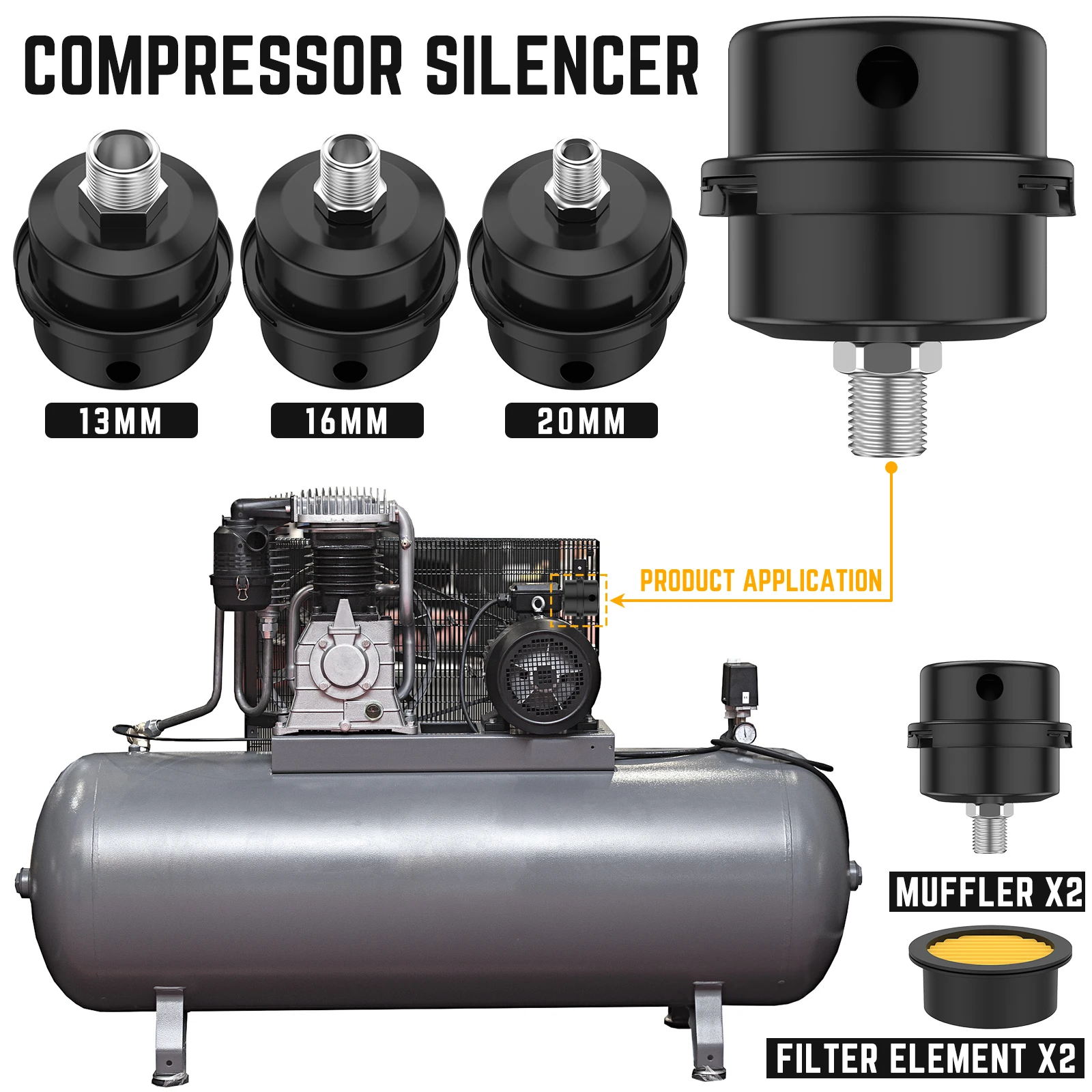 2pcs Air Compressor Silencer Sturdy Metal Air Compressor Intake Filter Sound Muffler with 2 Filter Cartridge Air Compressor