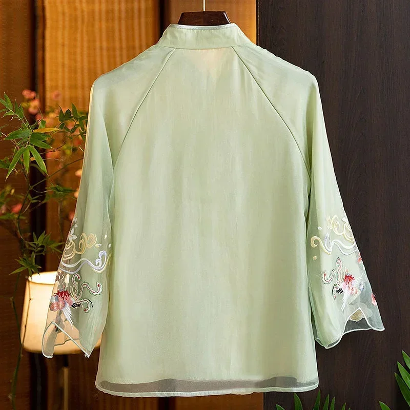 Retro Chinese Style Embroidered White Shirt for Women In Spring Elegant Traditional Tang Decoration Green White Top for Women