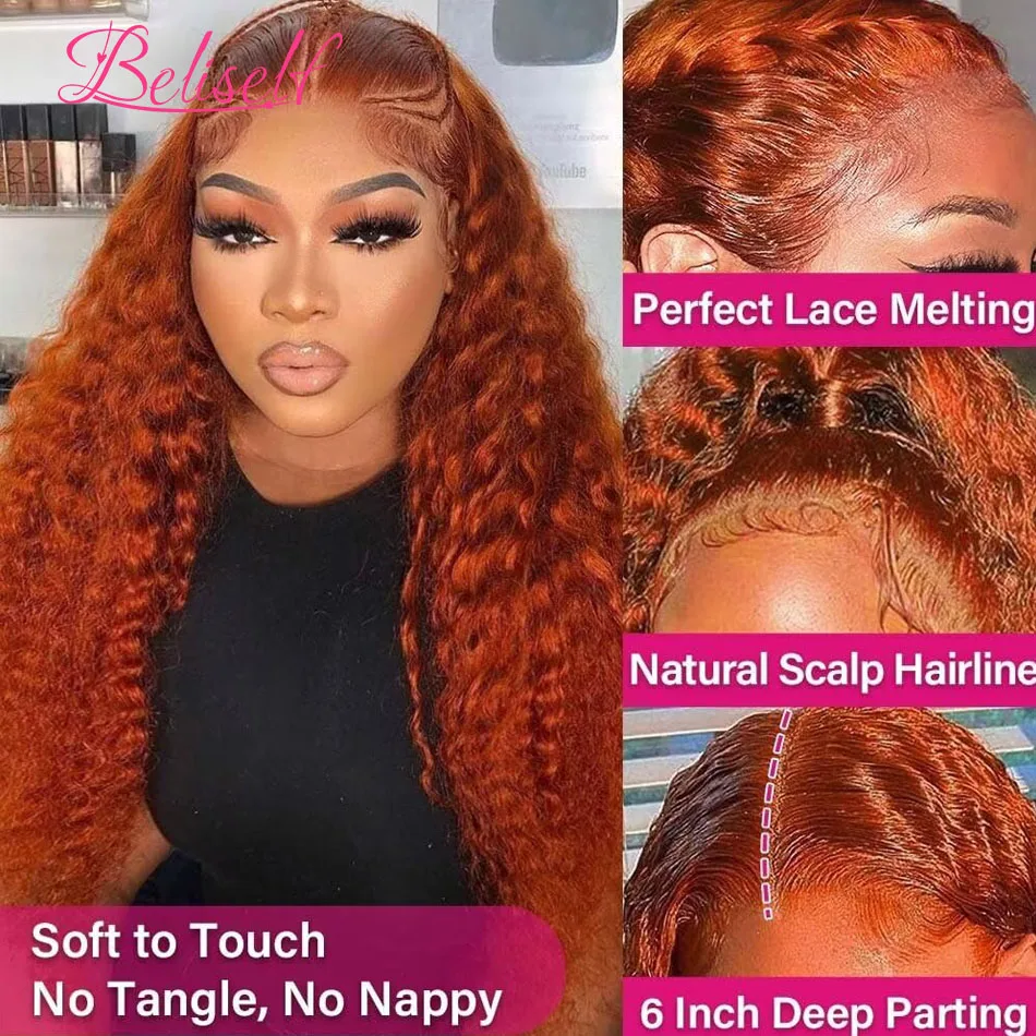 Beliself-Loose Peruca Onda Profunda, HD Lace Frontal Perucas, Laranja Colorido Cabelo Humano, 350 Gengibre, 13x4, 300 Densidade, 13x6