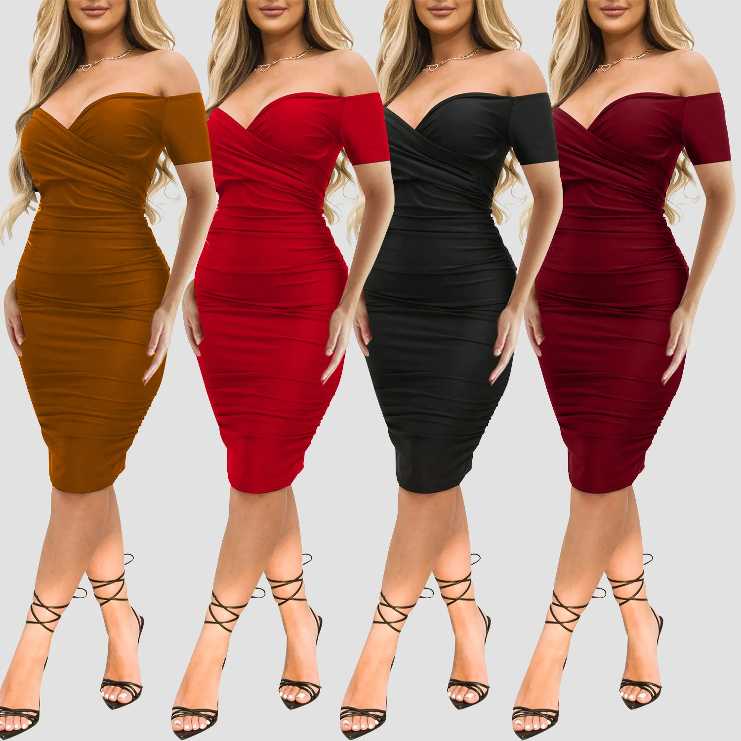 Sexy Club One Shoulder Short Sleeve Midi Dress New Summer Women's Fashion OS6984 Cross-Border Basic Style Loose Fit Polyester
