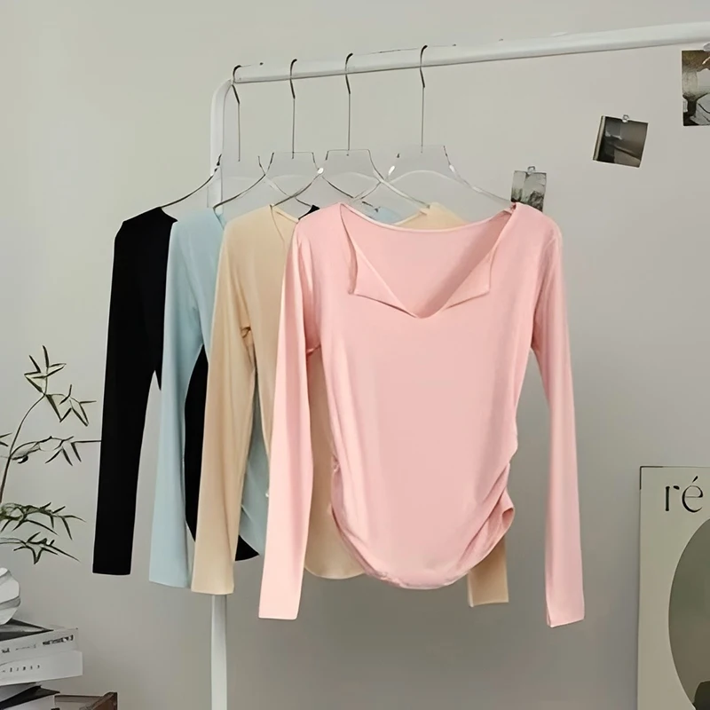 Damen Slim Fit V-Ausschnitt Langarm Yoga Sport T-Shirt High-End Fitness Top für Herbst Winter Übung Laufen Fitnessstudio