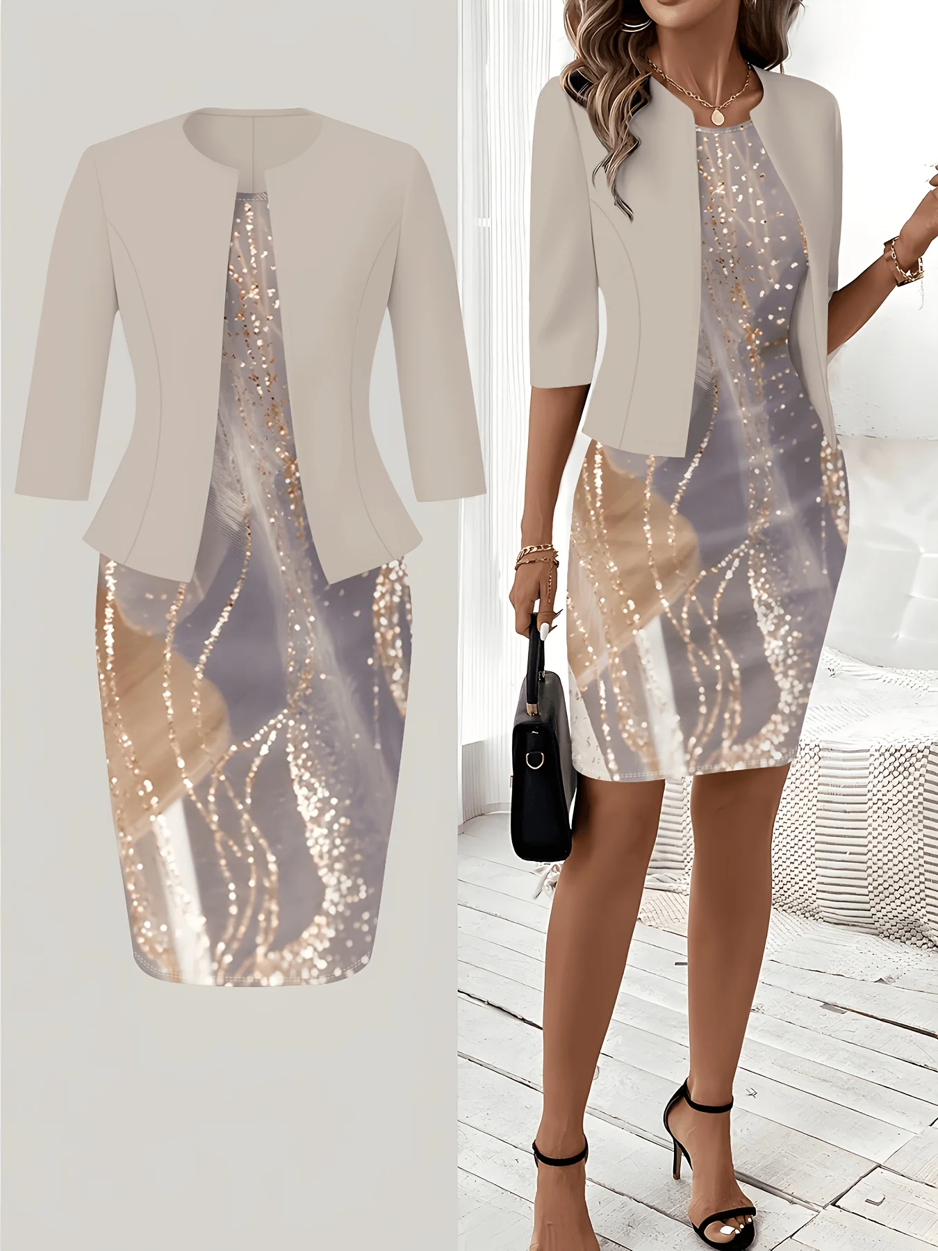 Printed Design Casual Style Abstract Shimmering Gold Silver Print Round Neck Tank Dress Set