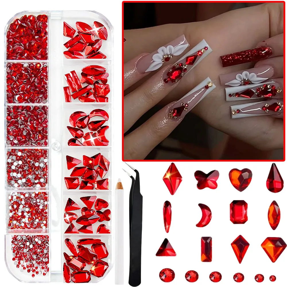 

12 сеток, сексуальные красные кристаллы для дизайна ногтей, стразы, 3D блестящие стеклянные бриллианты с плоской задней поверхностью и круглые драгоценные камни разных размеров, украшения для ногтей, бриллианты для ногтей