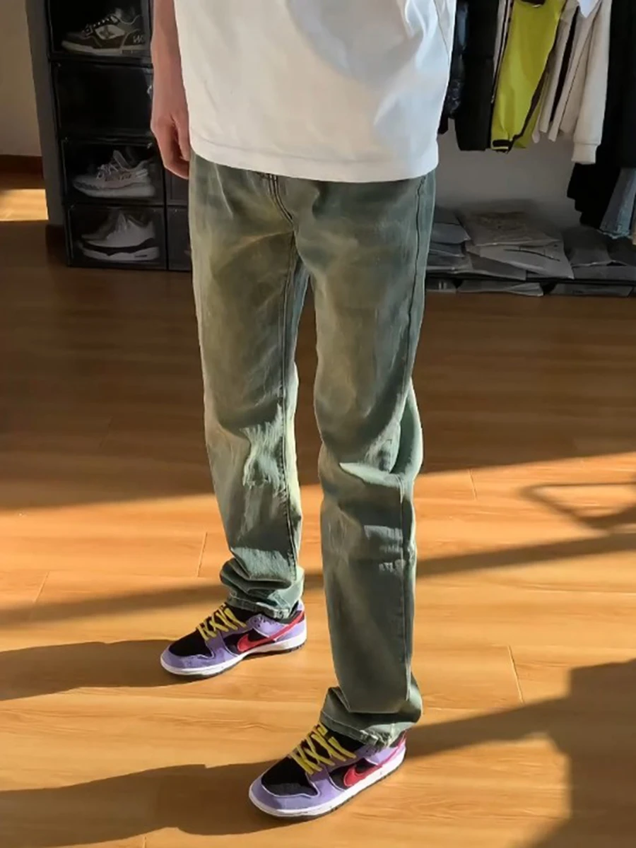 

Light Blue Waed Spring Autumn Men's Straight Leg Elastic Jeans Cleanfit High Street Vibe mid High Waist Denim Pants