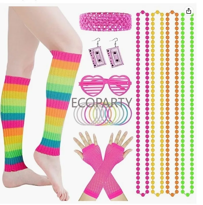 2023 New 1980s Set Rainbow Leg Set Fishing Net Gloves Vintage Tape Earrings Necklace Louver Glasses Seven Piece Set for Party