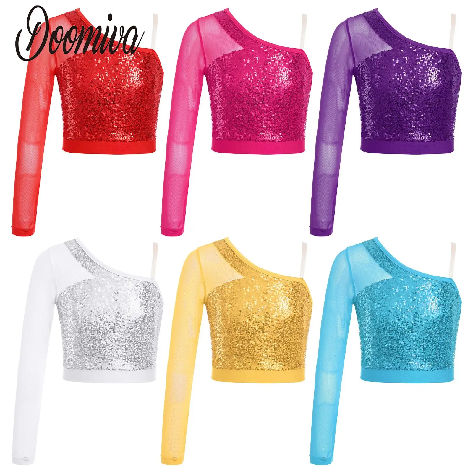 

Girls Shiny Sequin Cropped Top Shirts for Street Jazz Hip Hop Dance Performance Costumes One Shoulder Mesh Long Sleeve Shirt