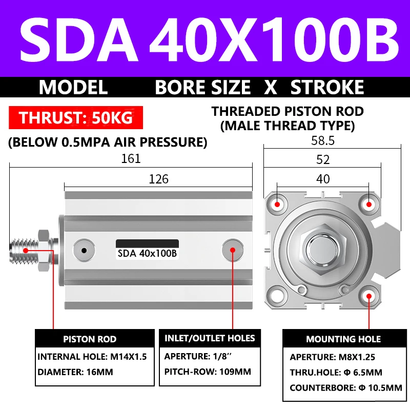 

ABILKEEN SDA40X100B Серия SDA Тонкий воздушный цилиндр 40 мм с наружной резьбой Диаметр цилиндра X 100 мм Ход поршня Пневматический компактный цилиндр двойного действия
