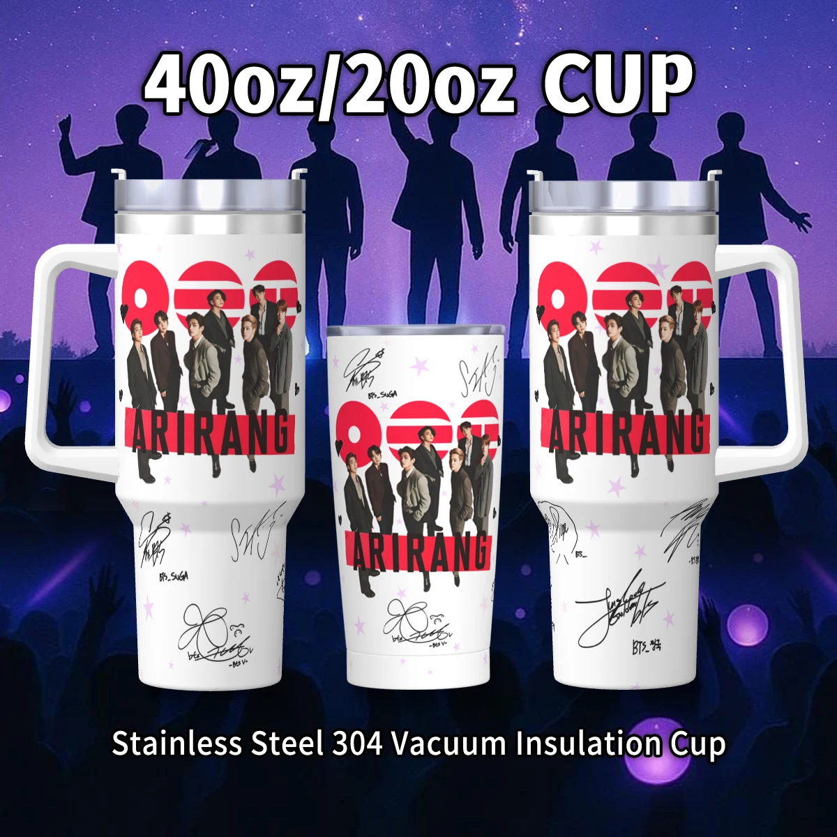 40oz / 20oz Insulated Stainless Steel Water Bottle with Straw & Handle – BT21 Signature Design for ARMY Fans