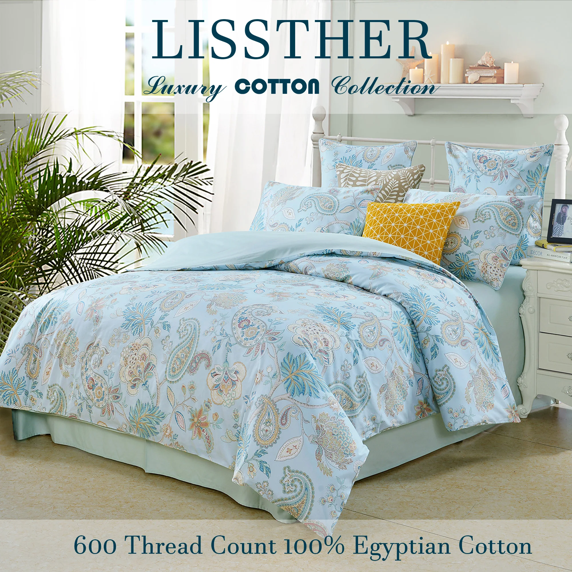 3pcs 600 TC 100% Egyptian Cotton Duvet Cover Set (Without Core), Vintage Paisley Light Blue Garden Floral，Soft & Skin-friendly