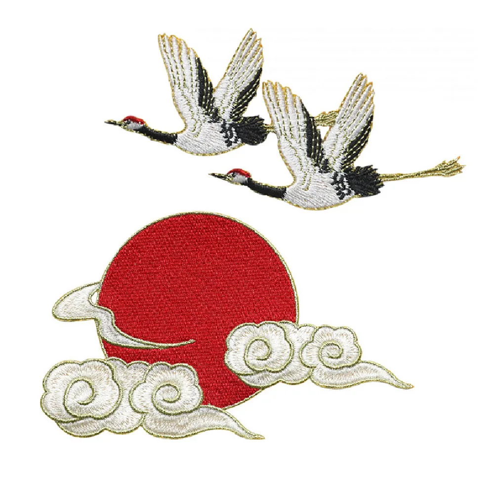 1 Piece Stick on Embroidery Patch Symmetrical Crane Red Sun and Auspicious Clouds Sticker Clothing DIY Decoration Accessories