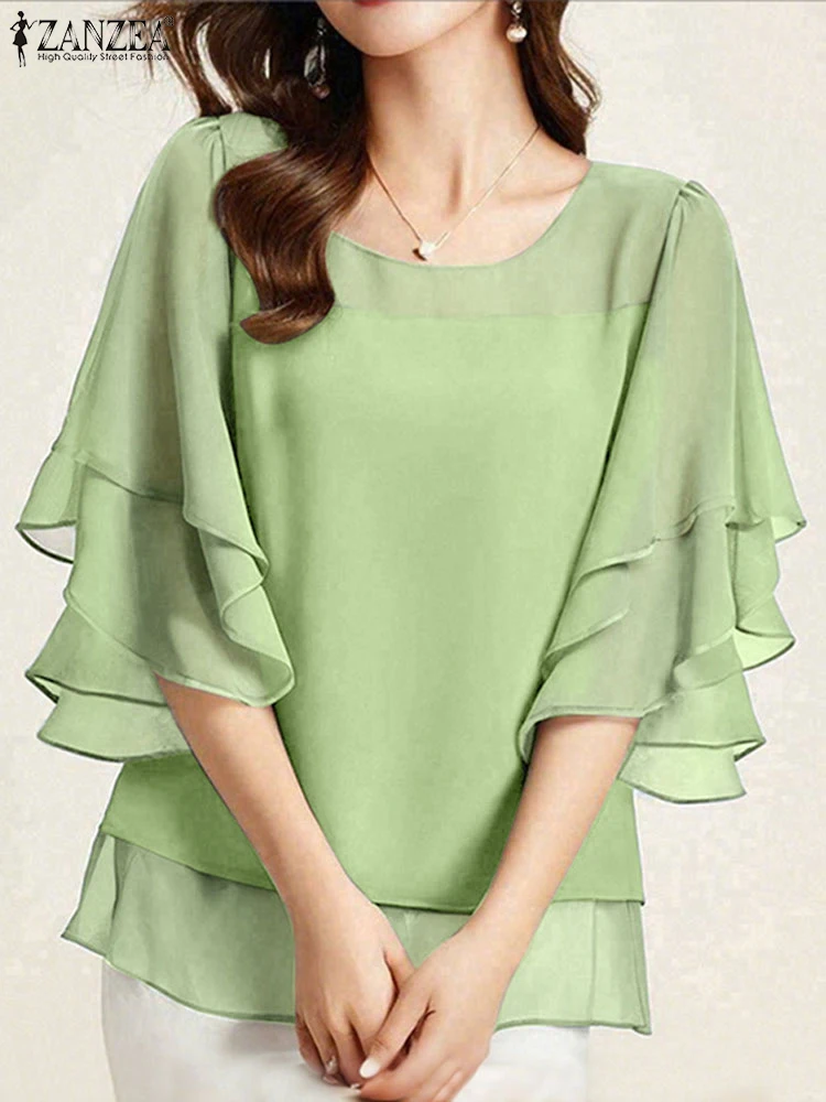 ZANZEA mode chemisier en mousseline de soie femmes couleur unie hauts tunique 2025 automne 3/4 manches chemises à volants décontracté bureau dame hauts élégants