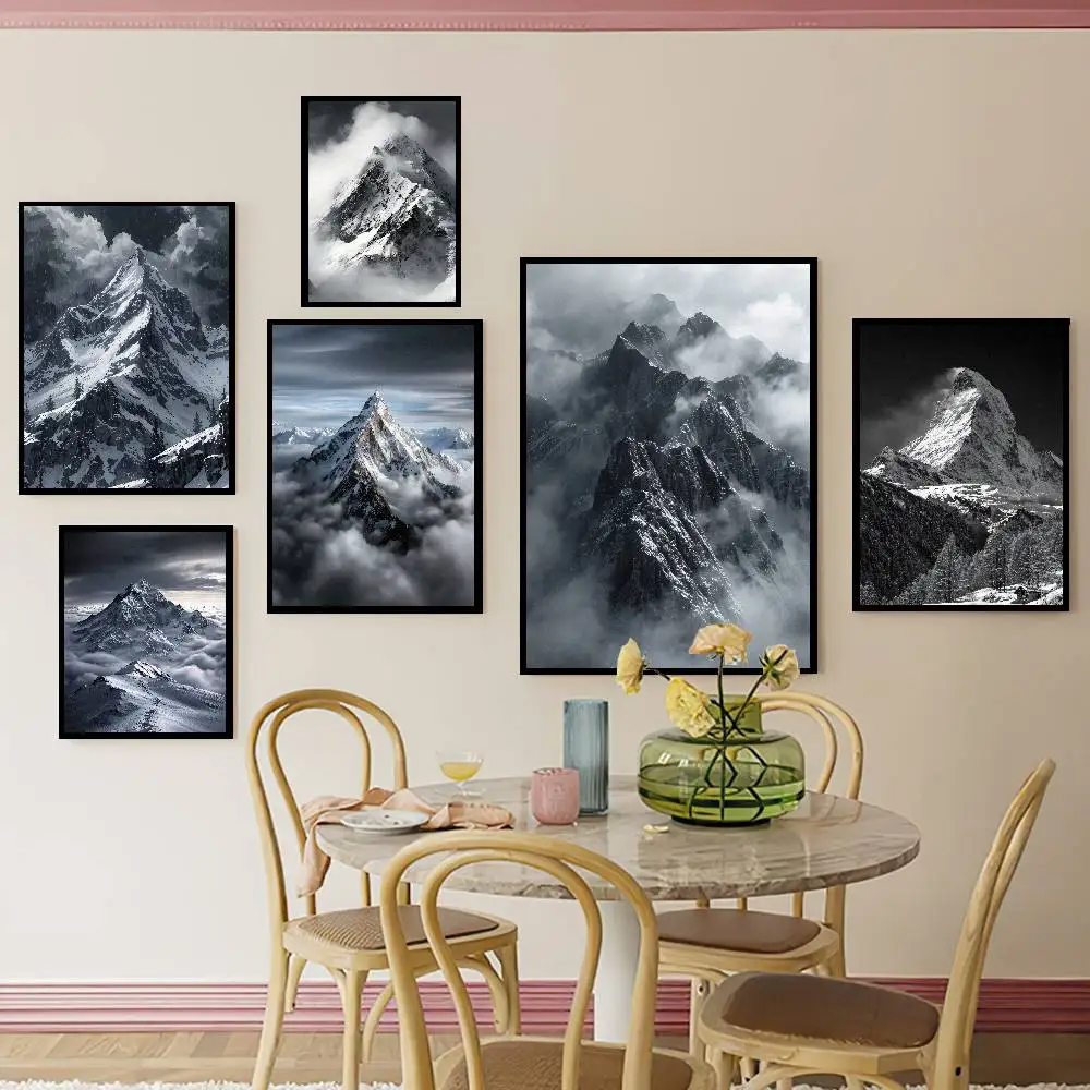Black White Snow Mountain Poster, Misty Peak Cloudy Landscape Wall Art Print, Monochrome Nature Scenery Living Room Bedroom
