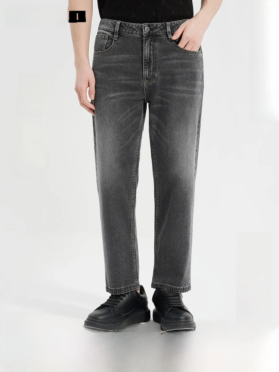 Lilanz Men's Fashionable  Jeans Elastic mid Waist Straight Leg Spring New Style Nine Points Denim Pants Casual Fit