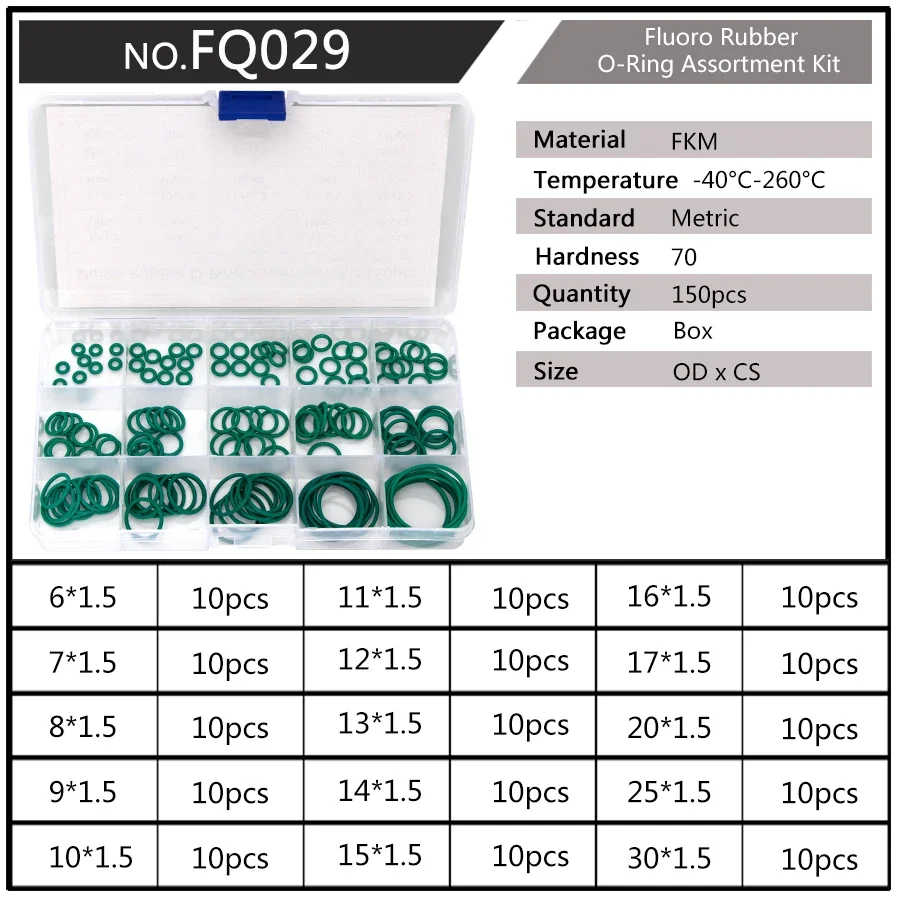 150PCS Fluorkautschuk FKM Dichtungs-O-Ringe Außendurchmesser 6mm-30mm CS 1mm 1,5mm 1,9mm 2,4mm Grüne Dichtungsersatzkits FQ028-029-030-031